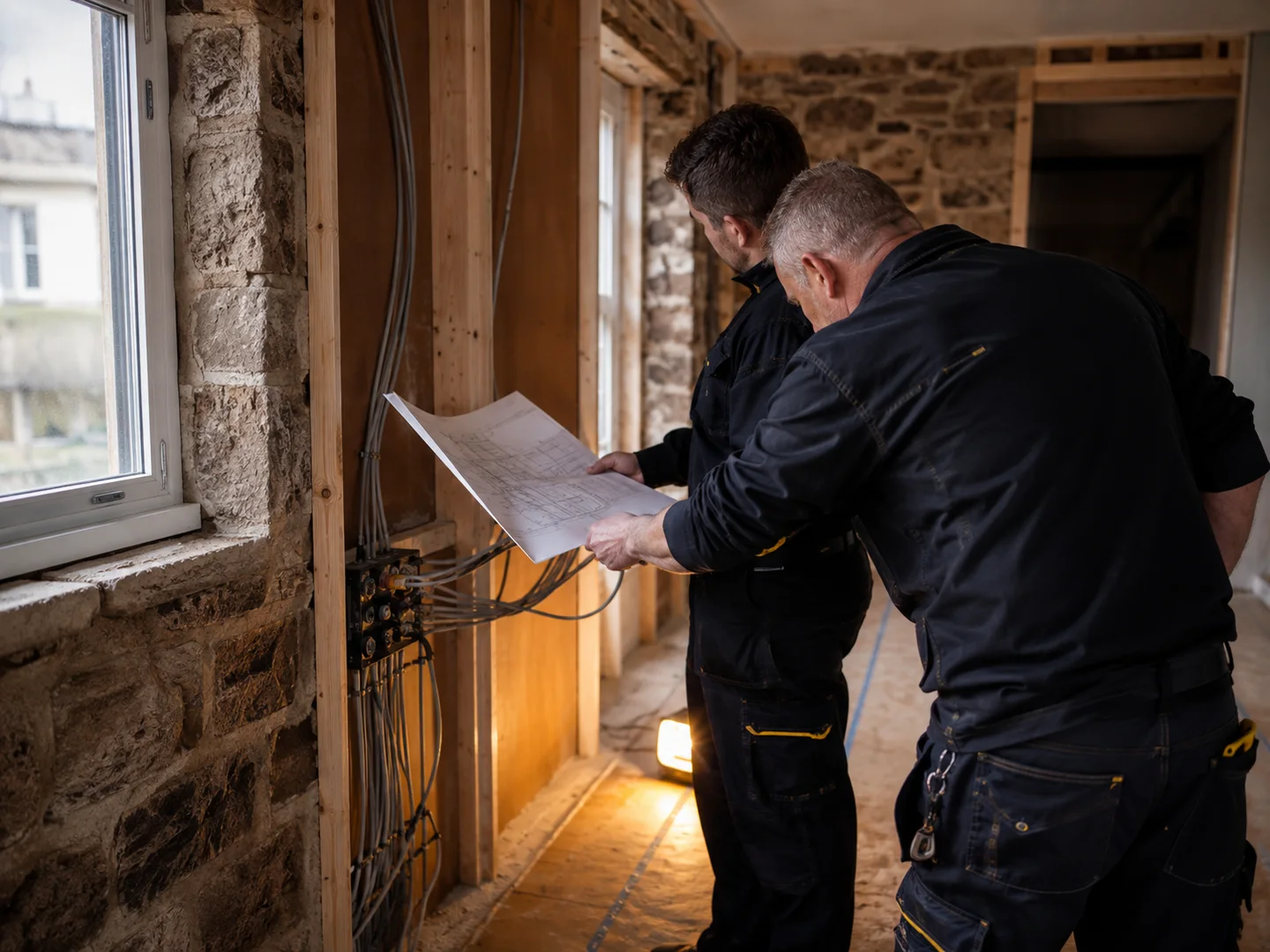 Representative electricians reviewing a domestic electrical installation.
