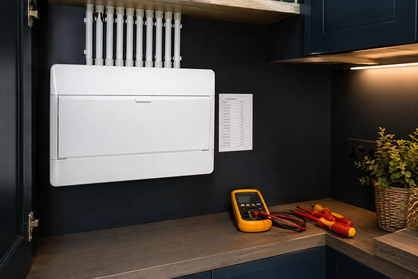 Completed UK consumer unit installation in dark utility cabinetry.