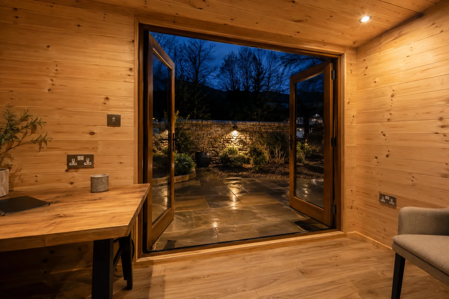 Representative garden-room power and lighting installation viewed from inside.
