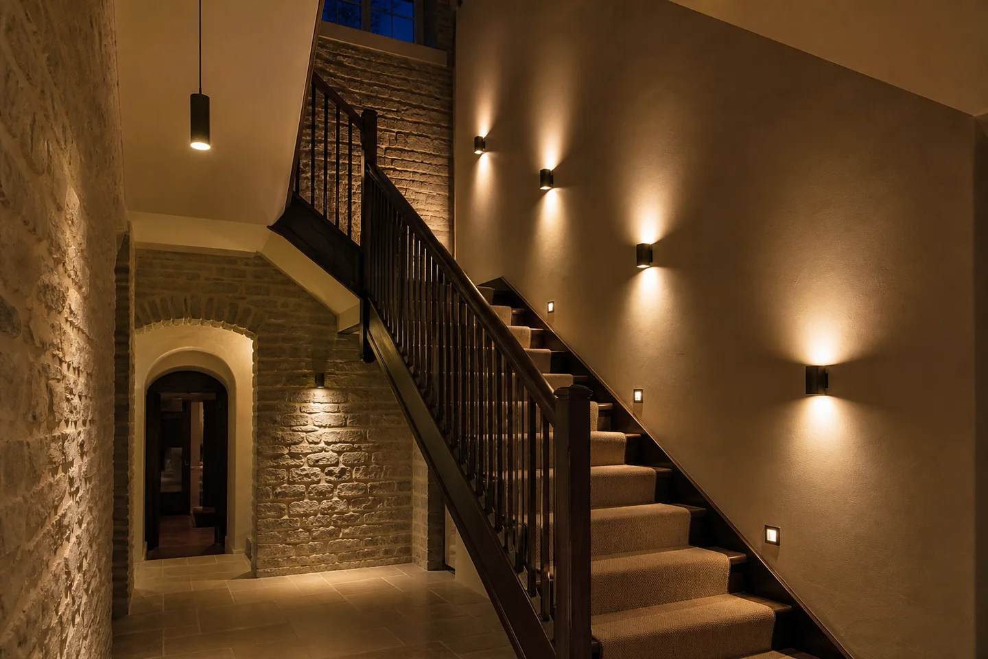 Warm wall, step and pendant lighting in a renovated Yorkshire stairwell.