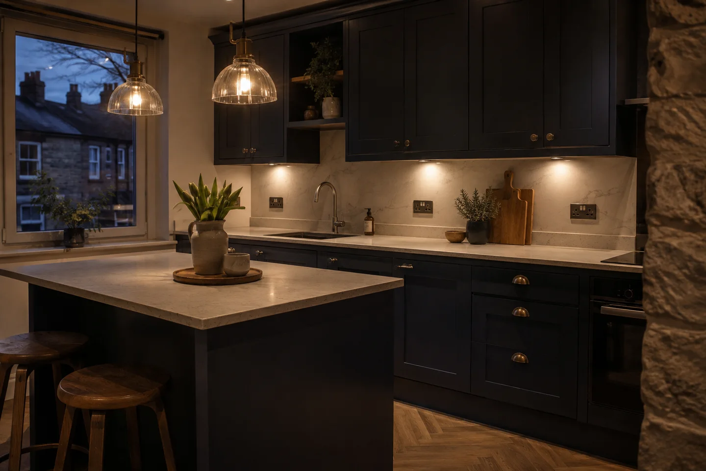 Finished kitchen electrics with UK sockets and layered task lighting.
