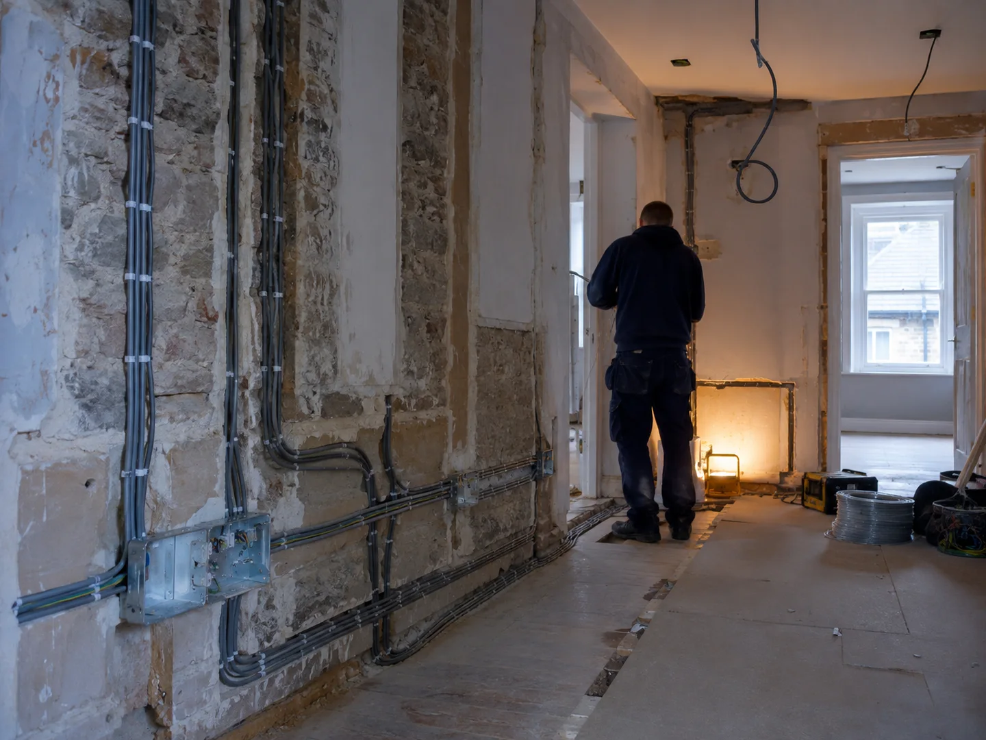 Carefully routed first-fix electrical cabling in a British home renovation.