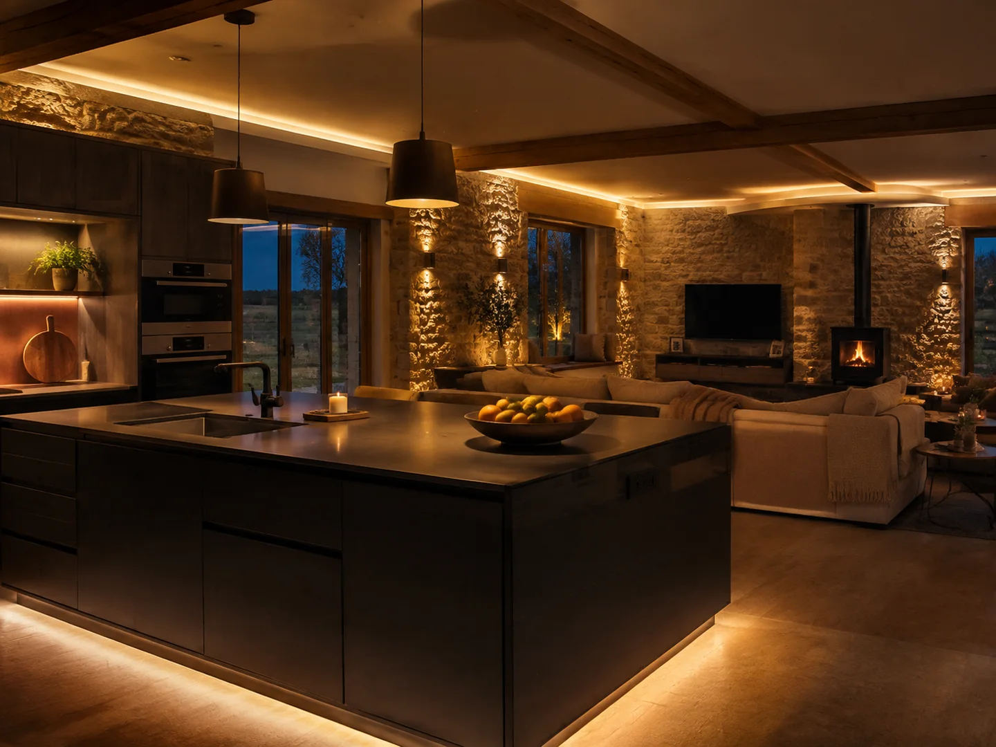 Layered warm architectural lighting in a renovated Yorkshire stone home.