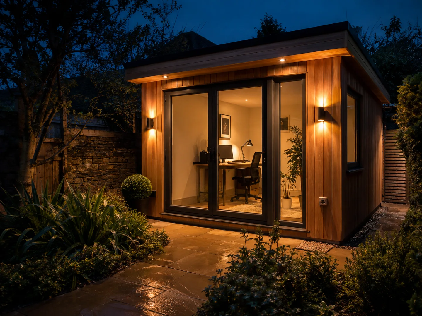 Warmly lit timber garden room in a West Yorkshire garden at dusk.