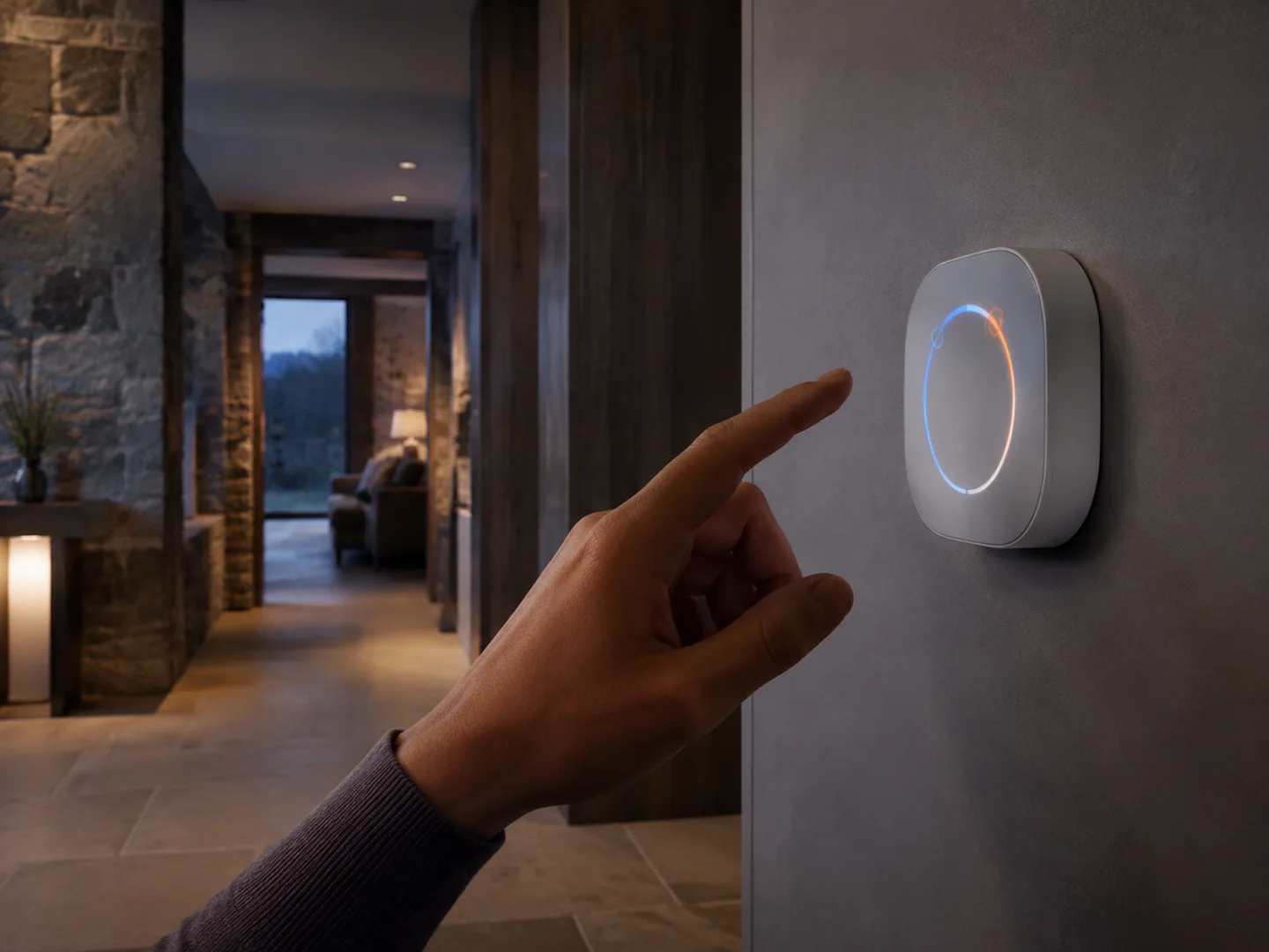 Generic connected-home control in a softly lit British hallway.