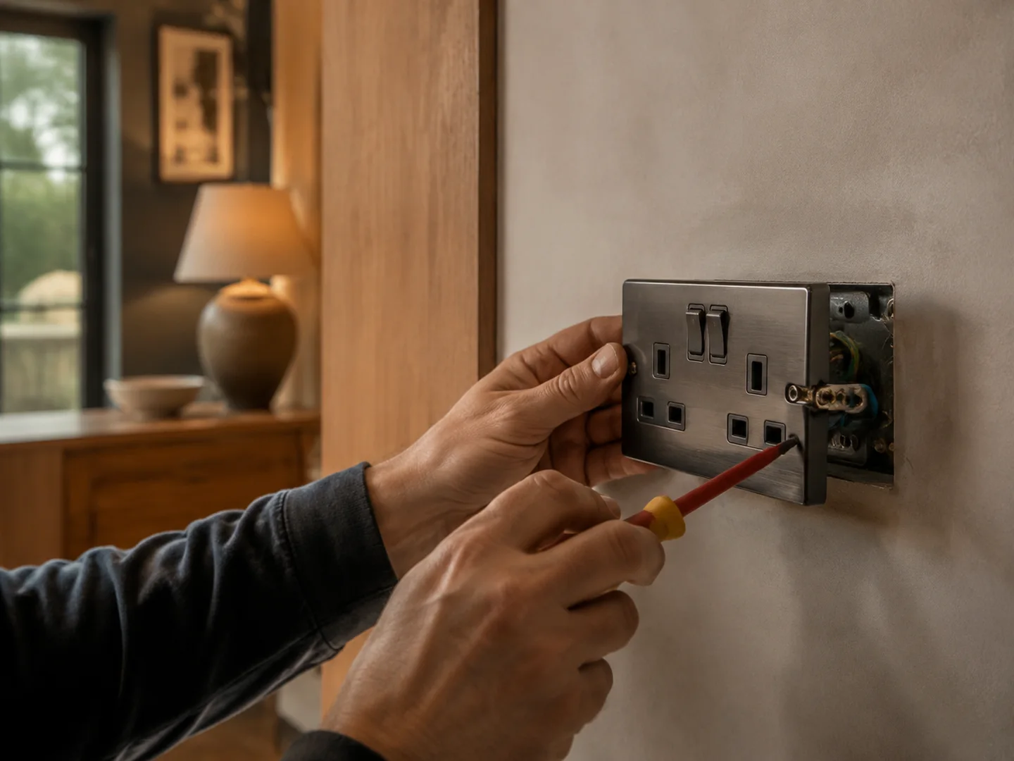 Brushed metal UK wall socket being aligned in a warm interior.